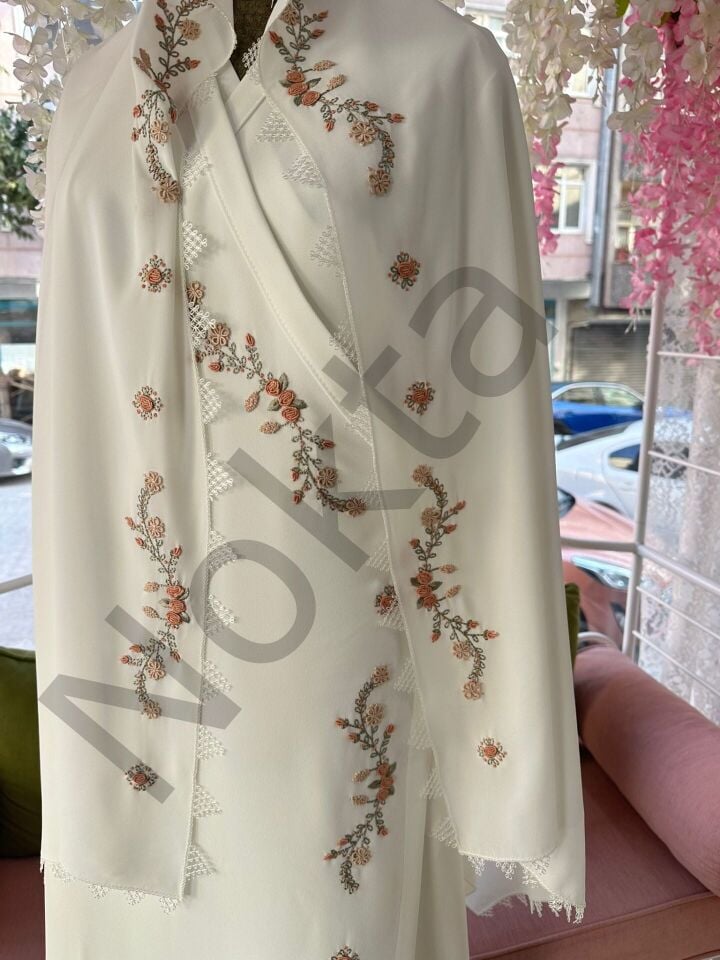 V Model Krem Rengi Namaz Elbisesi Seti